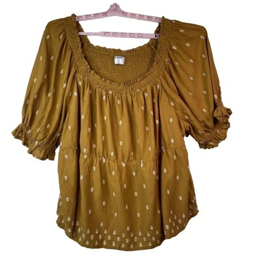 Old Navy Puff‎ Sleeve Top Women's 4XL Coastal Peasant Boho Cottagecore Embroider